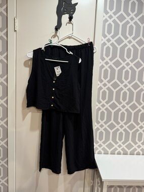 NWT AllSaints Black Button-Front Cropped Top & Wide-Leg Pants Set
